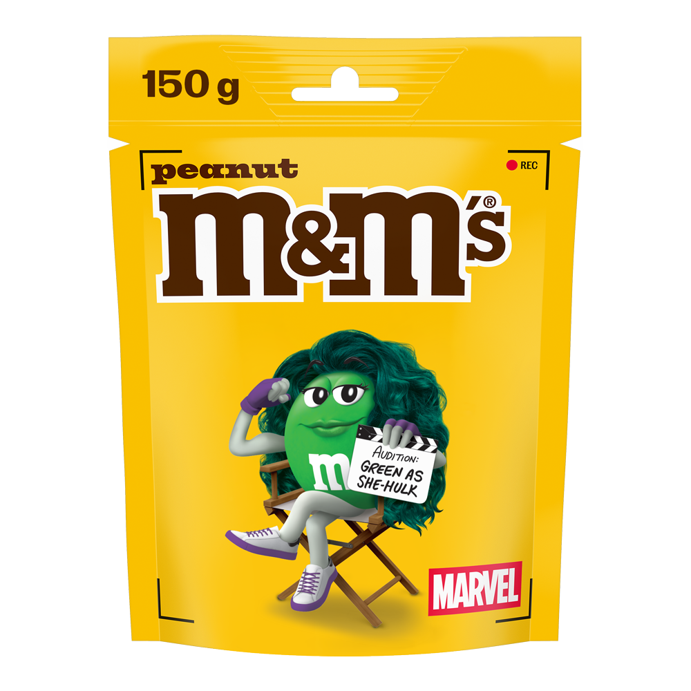 Torba M&M'S peanut cukierków, 150g, z Green w kostiumie She-Hulk trzymającą kartkę z napisem "Audition: GREEN AS SHE-HULK", logo MARVEL.
