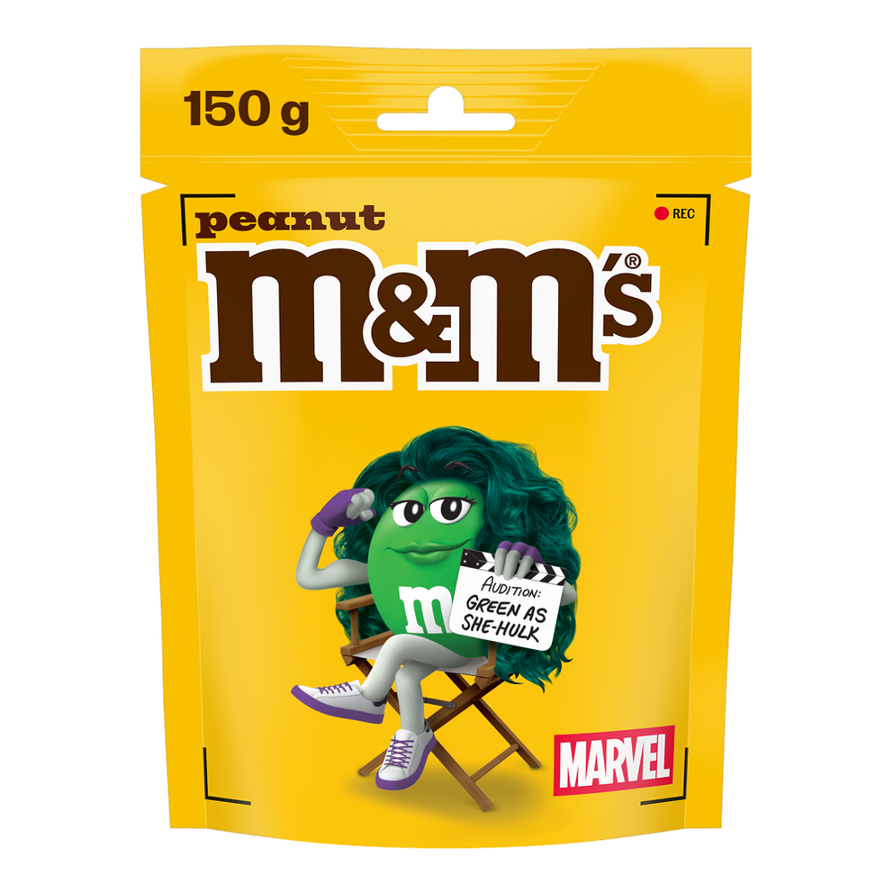 Bag of M&M'S peanut chocolate candies, 150g, featuring Green dressed as She-Hulk sitting in a director's chair holding an audition sign, with MARVEL branding.