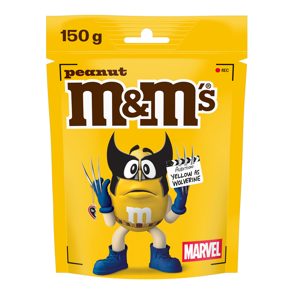 Torba M&M'S peanut, 150g, z Yellow przebranym za Wolverine'a trzymającym tabliczkę z napisem "AUDITIONS: YELLOW AS WOLVERINE", logo MARVEL w prawym dolnym rogu.