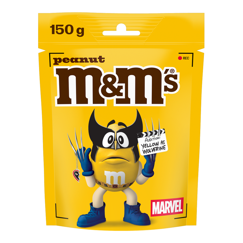 Bag of M&M'S peanut chocolate candies, 150g, featuring Yellow dressed as Wolverine holding a sign that reads "AUDITIONS: YELLOW AS WOLVERINE" with MARVEL logo.