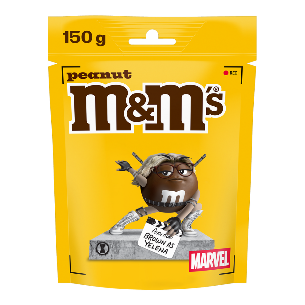 Bag of M&M'S peanut chocolate candies, 150g, featuring Brown as Yelena with MARVEL branding.