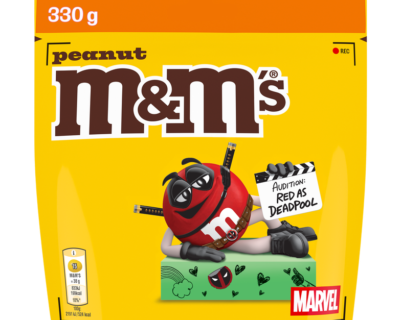 bag of peanut M&M'S with Red character dressed as Deadpool