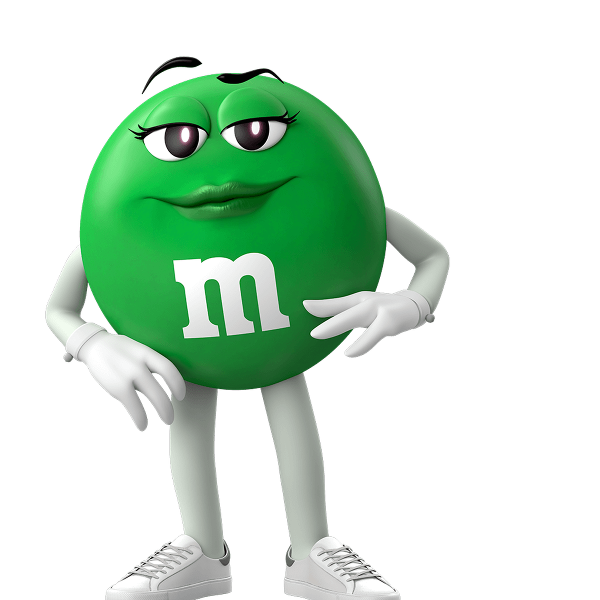 The Green M&M leans slightly with her hand on her hip, looking confident.