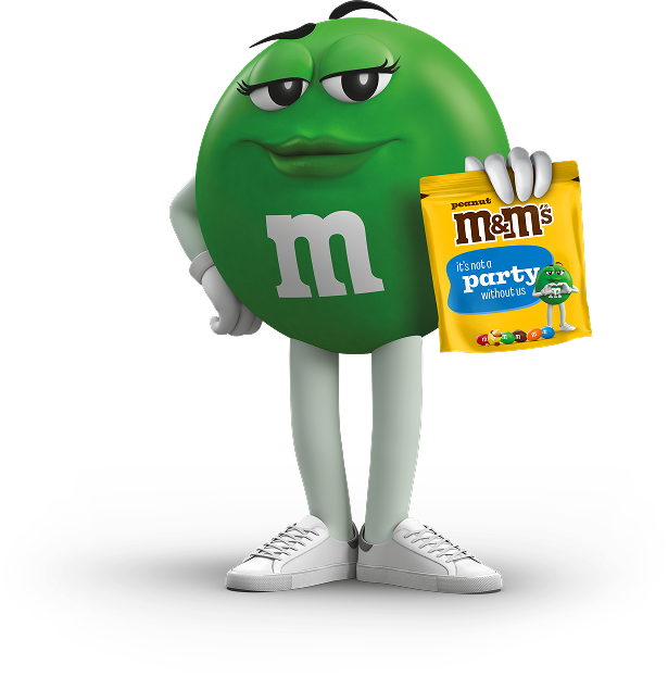 Green M&M character with product