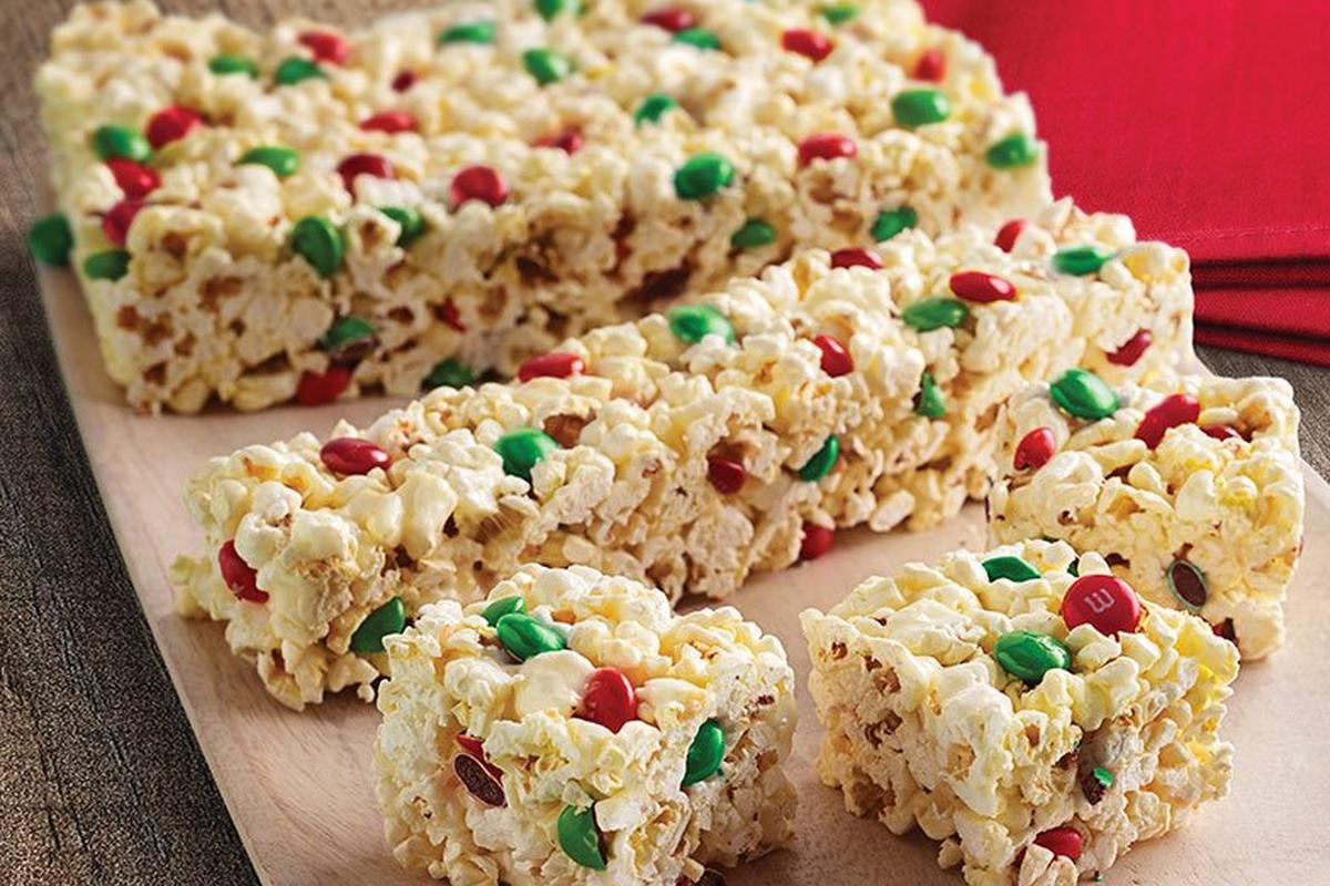 marshmallow popcorn balls with red & green m&m's