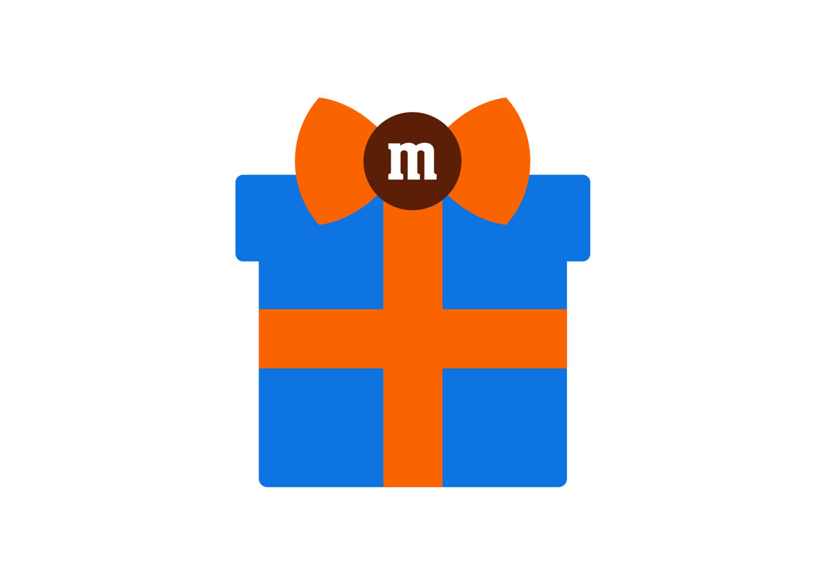blue present with orange ribbon and bow