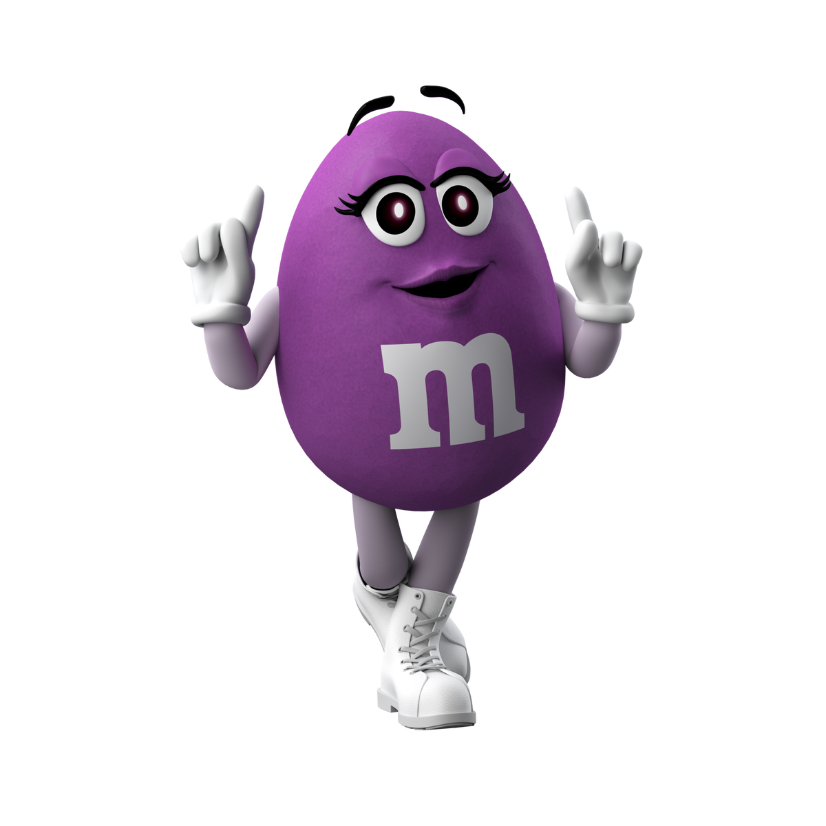 The Purple M&M raises both hands upward, exuding flawless style.