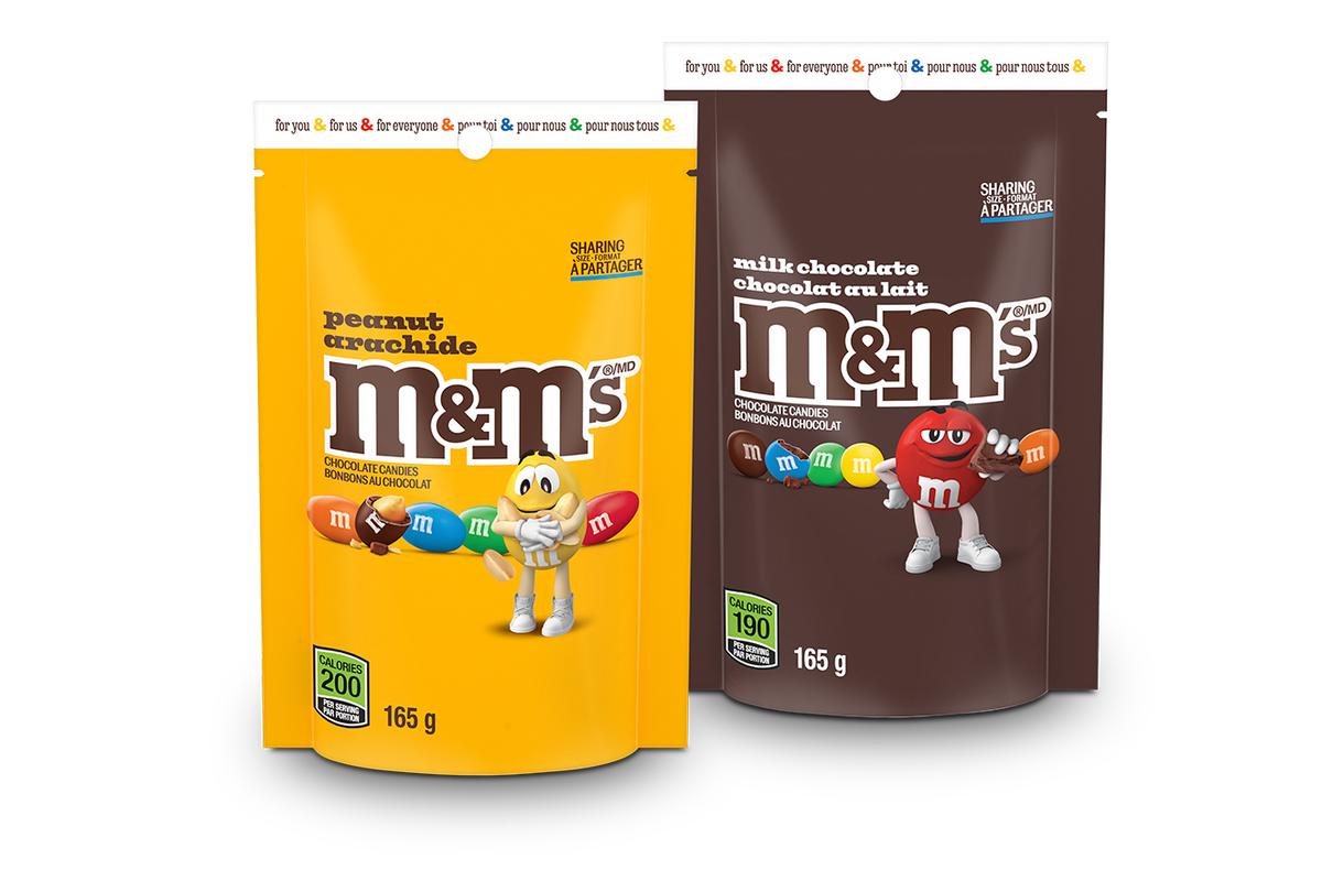 one bag of peanut M&M'S and milk chocolate M&M'S in sustainable packaging