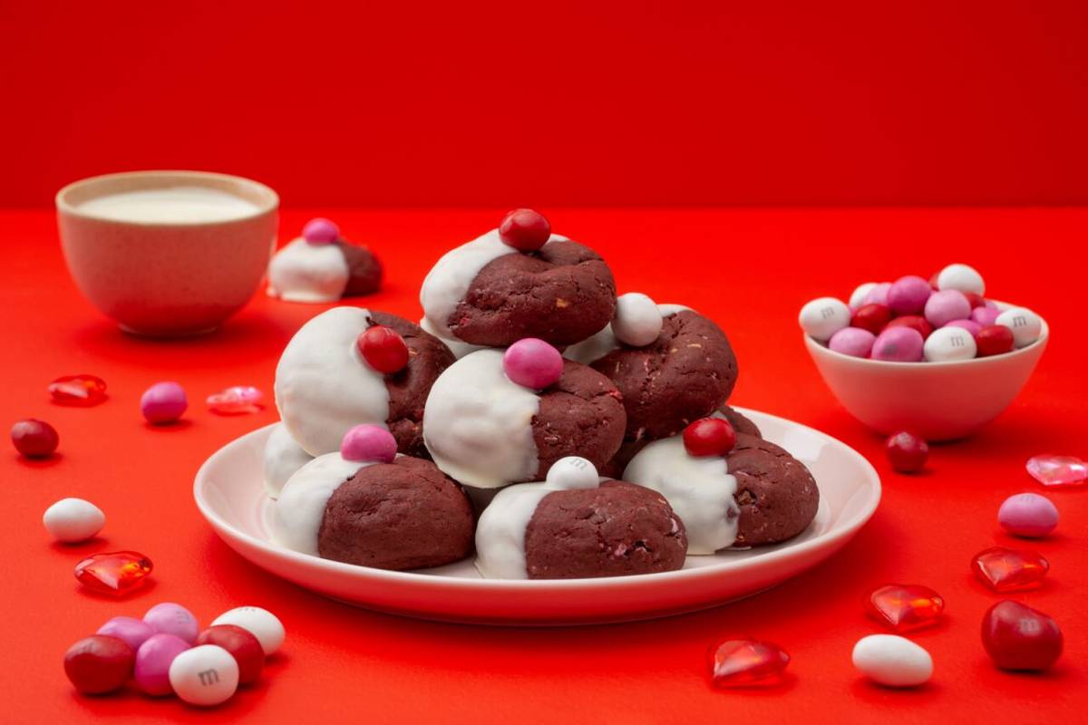 M&M’S® White Chocolate–Dipped Red Velvet Cookies