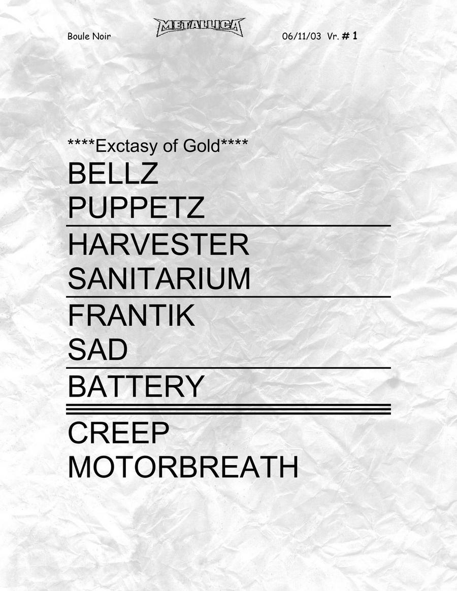 Metallica's setlist from the June 11, 2003 concert in Paris, France at La Boule Noire