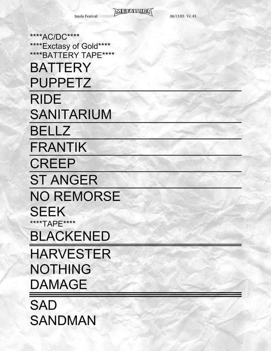 Metallica's setlist from the June 13, 2003 concert in Imola, Italy