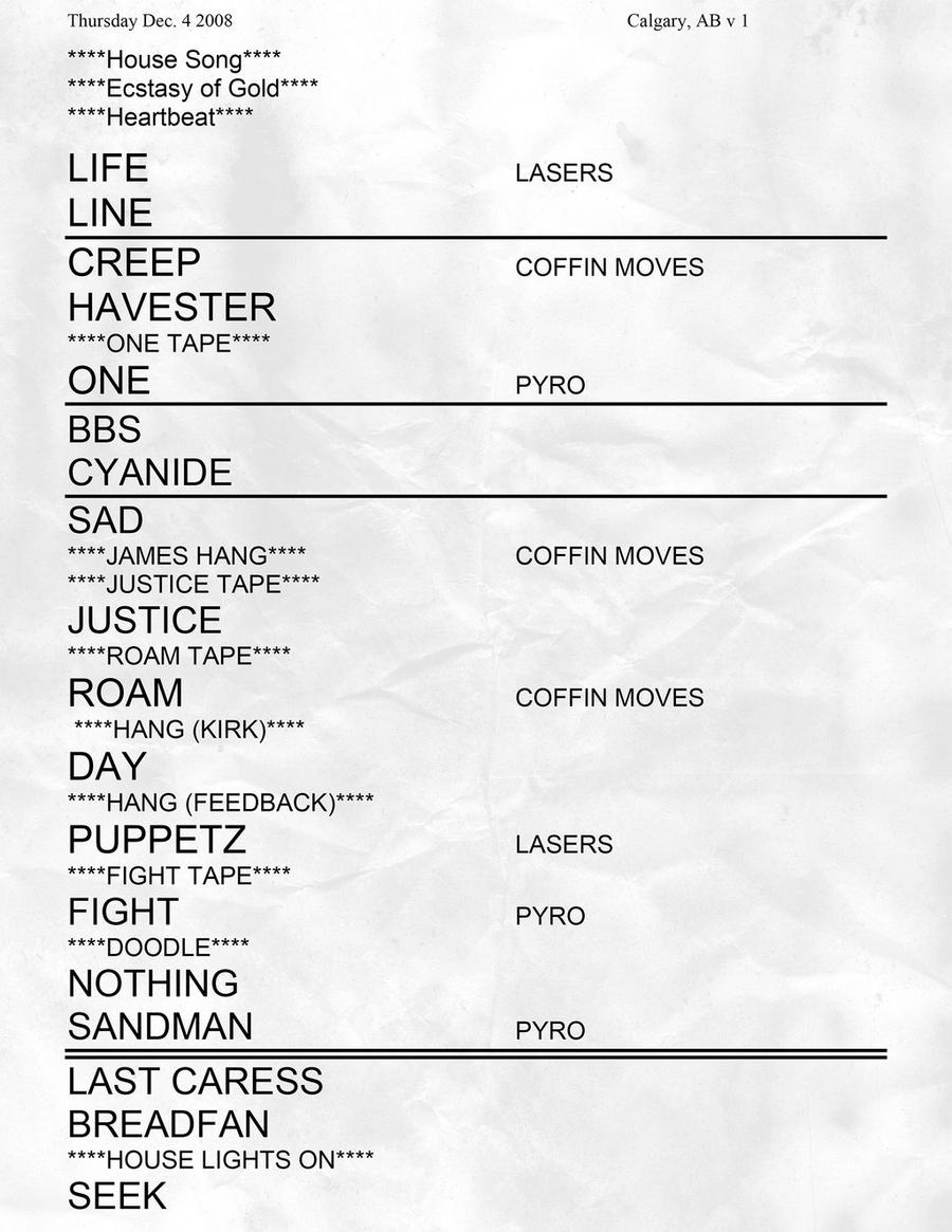 Metallica's setlist from the December 4, 2008 concert at the Pengrowth Saddledome in Calgary, Canada