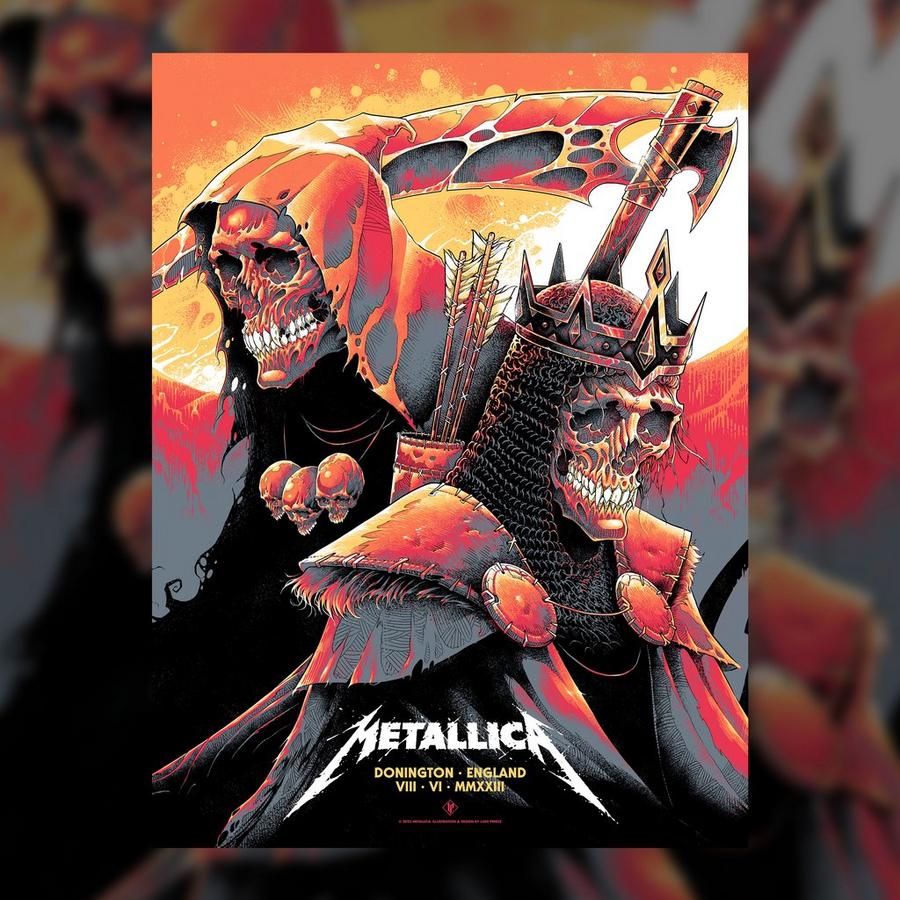 Metallica concert poster by Luke Preece for the show at the Download Festival in Castle Donington, England on June 8, 2023.