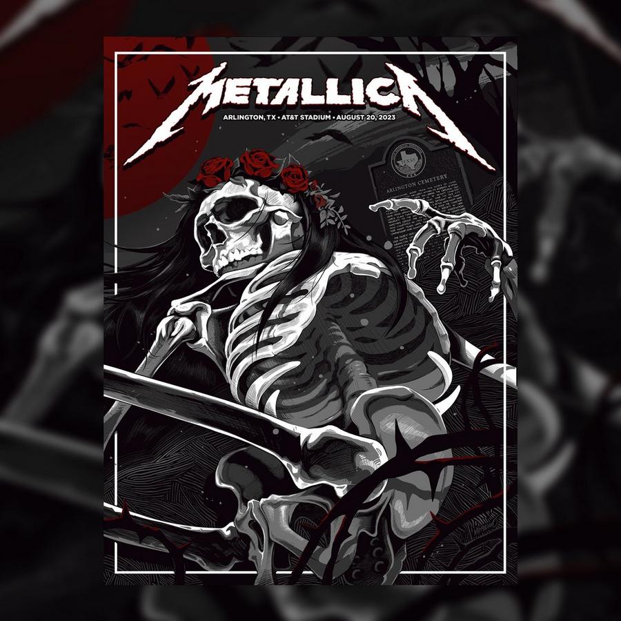 Metallica Concert Poster by Nate Dino for the gig at AT&T Stadium, Arlington, TX on August 20, 2023.