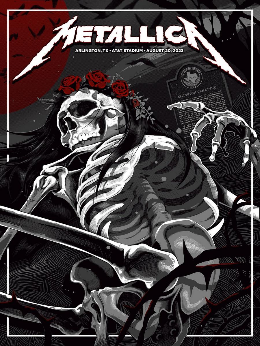 Metallica Concert Poster by Nate Dino for the gig at AT&T Stadium, Arlington, TX on August 20, 2023.