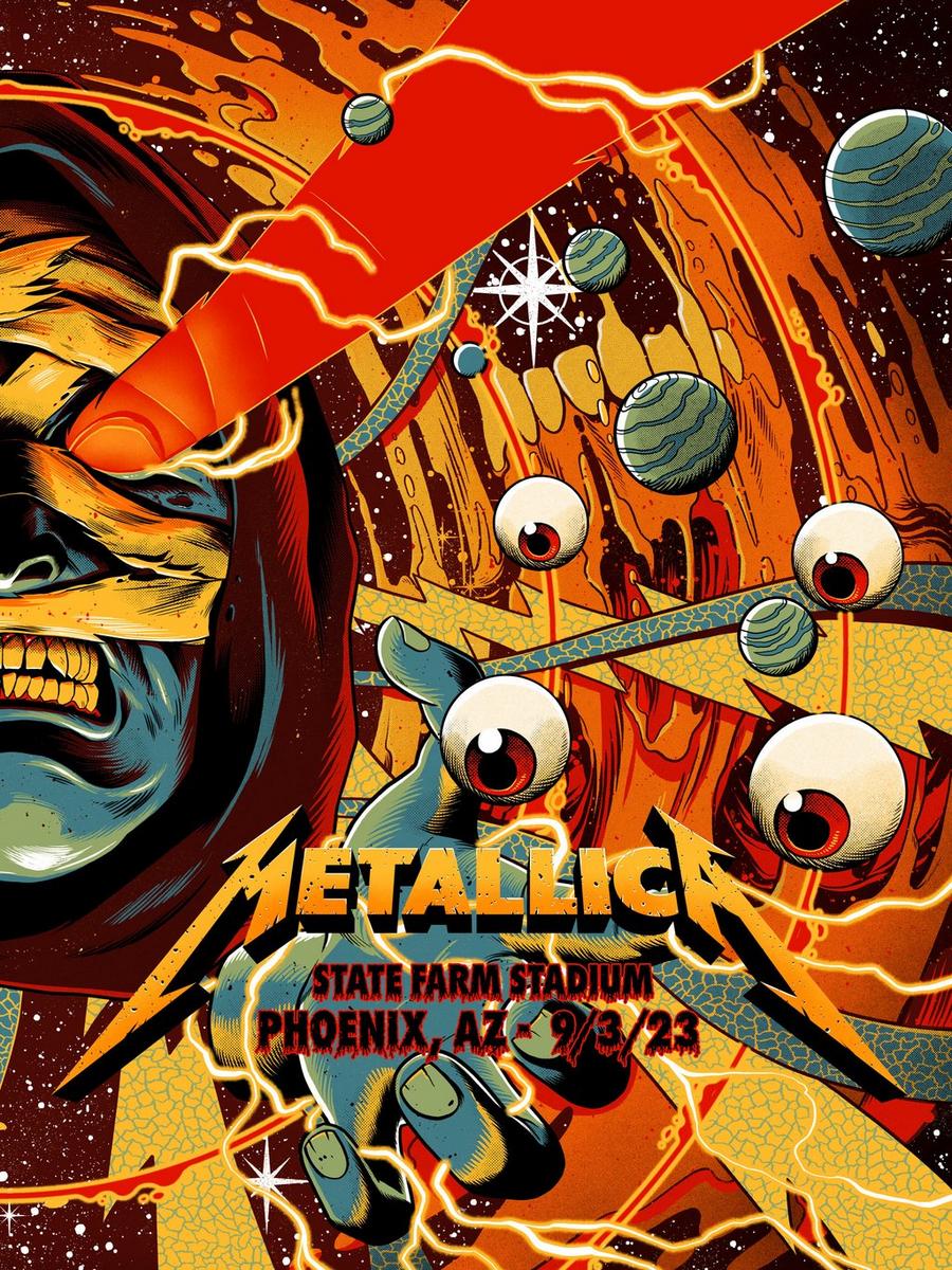 Metallica concert poster by Pedro Correa for the gig at State Farm Stadium in Phoenix, AZ originally scheduled for September 3, 2023