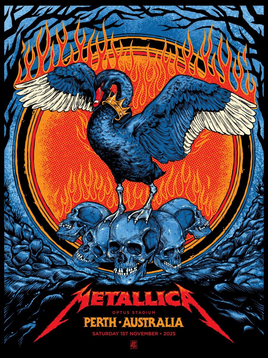 Concert Poster for Metallica's gig at Optus Stadium in Perth, Australia on November 1, 2025, on the M72 World Tour