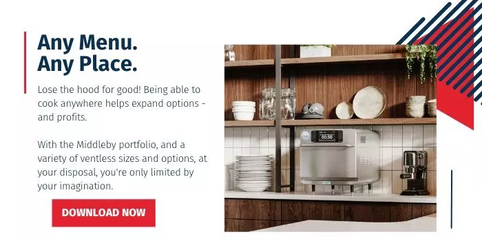 Kitchen shelf with dishes, ventless oven, and text promoting Middleby products. Download button visible.