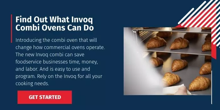 Invoq combi oven with croissants on trays. Text promoting oven features.