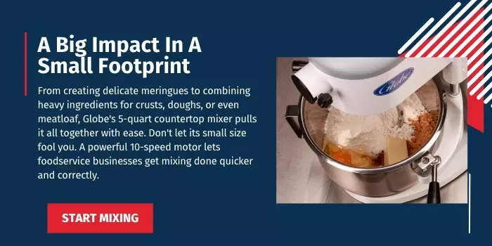 Globe countertop mixer with ingredients in a bowl, text highlighting features.