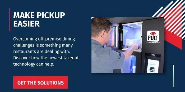 Person using PUC branded takeout technology machine. Text: "Make Pickup Easier."
