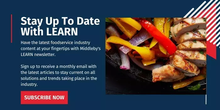 Sliced chicken and vegetables beside text promoting Middleby's LEARN newsletter subscription.