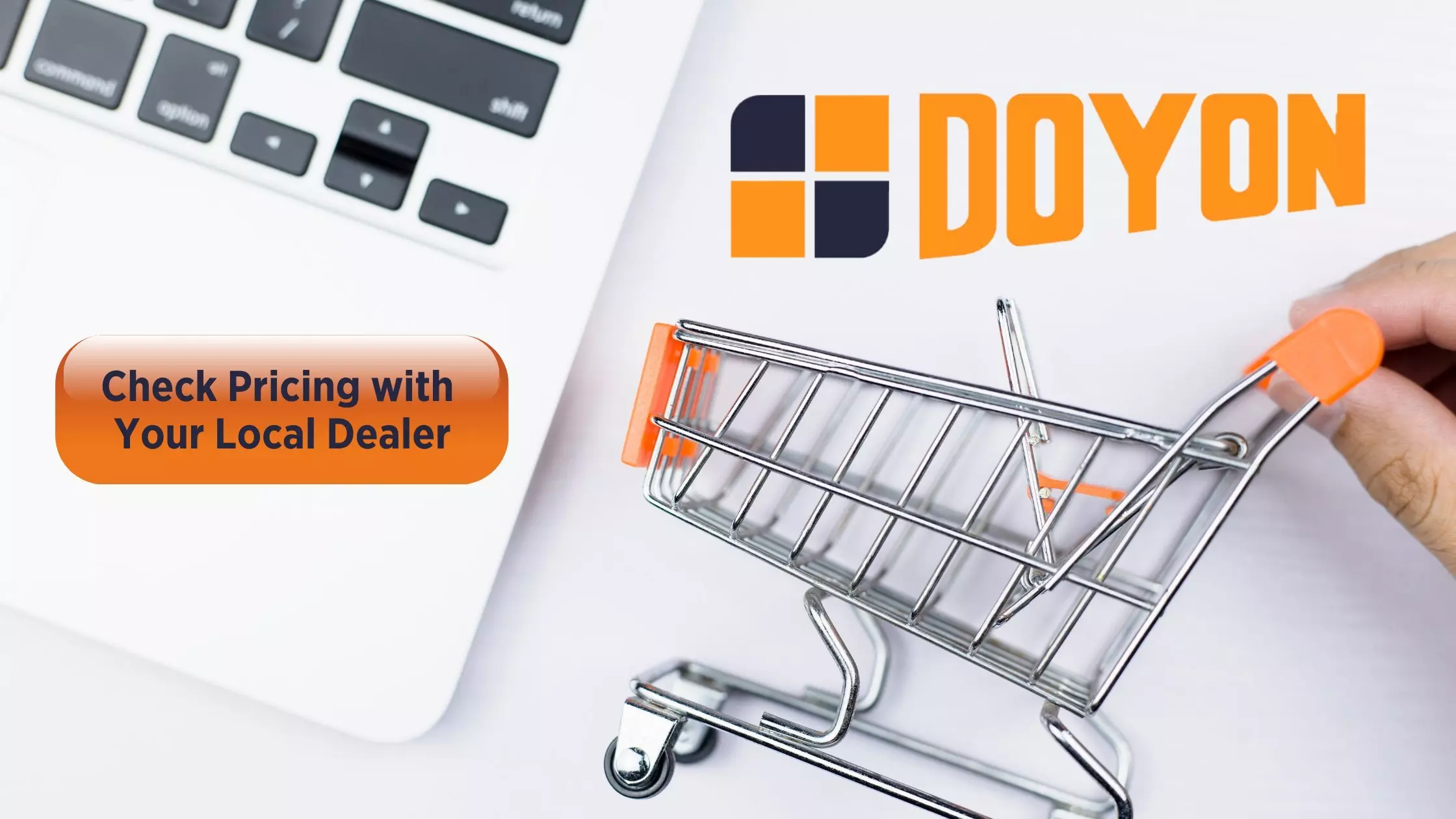 Mini shopping cart near laptop, Doyon logo, and price check button.