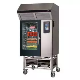 Commercial oven with transparent door showing food trays, mounted on wheels.