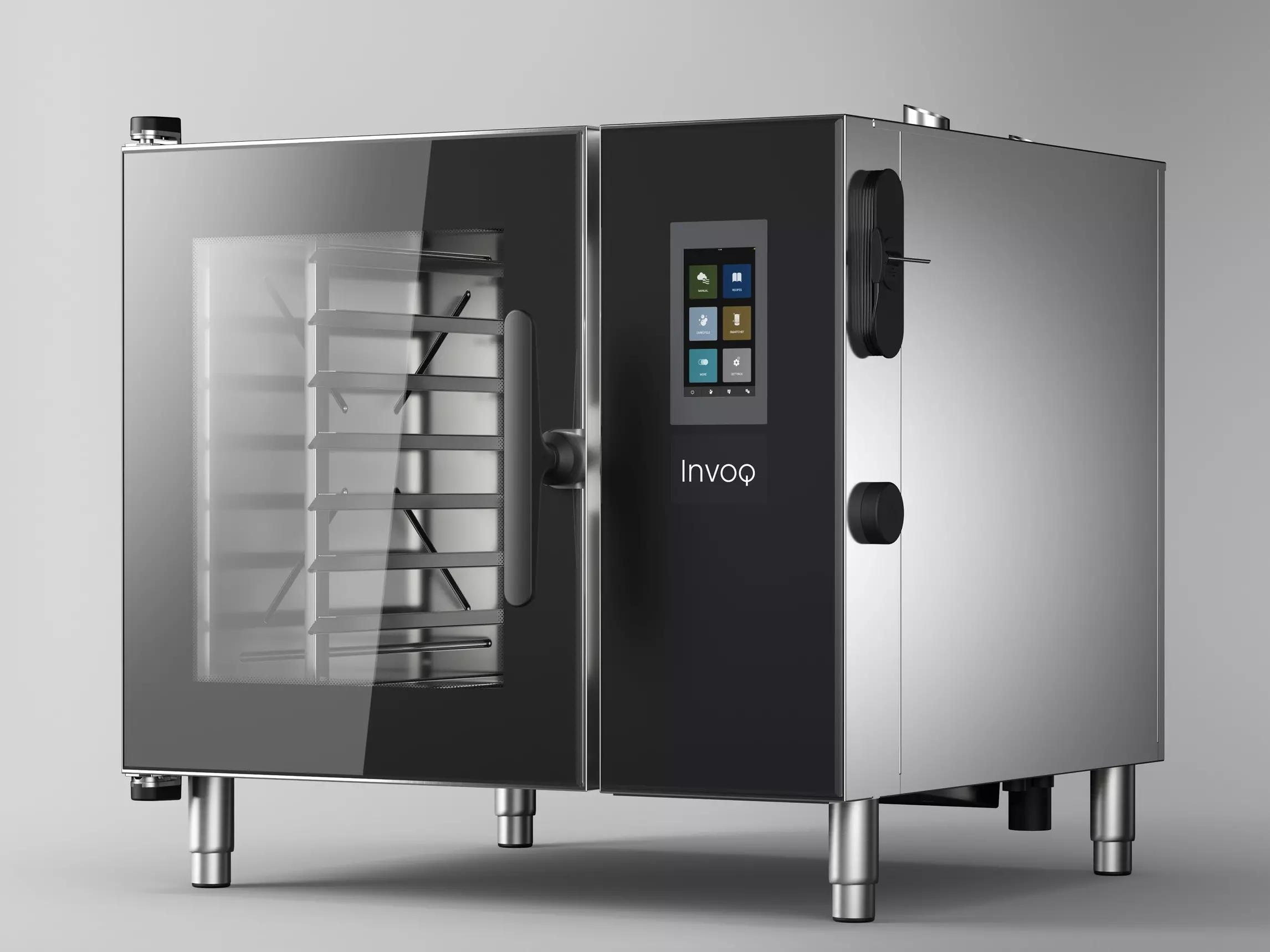 Invoq commercial oven with touchscreen controls and glass door showing rack shelves.