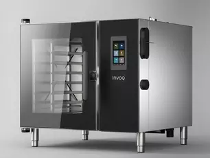 Invoq commercial oven with touchscreen controls and glass door showing rack shelves.