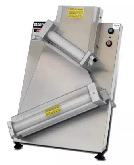 Doyon dough sheeter machine with two angled rollers and control buttons.