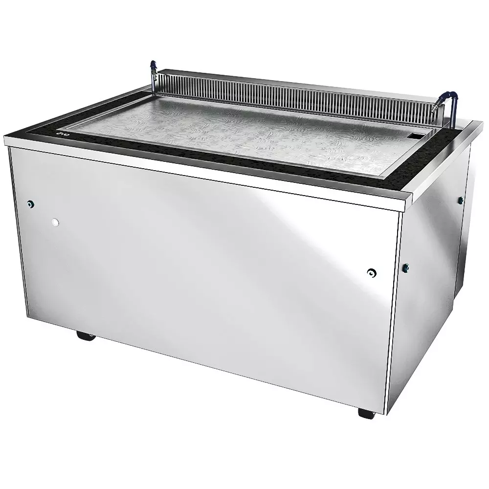 Stainless steel commercial refrigerated display case with glass top and side vents.