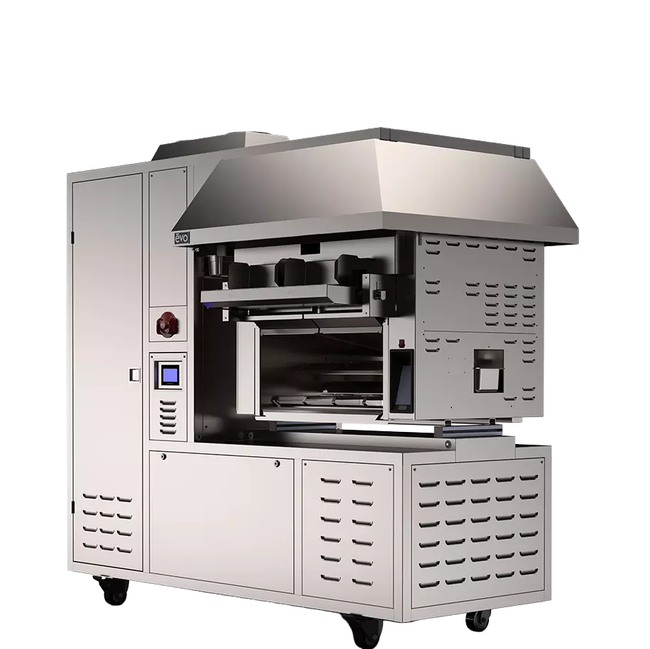 Evol industrial machine with enclosed chamber, control panel, and wheeled base.