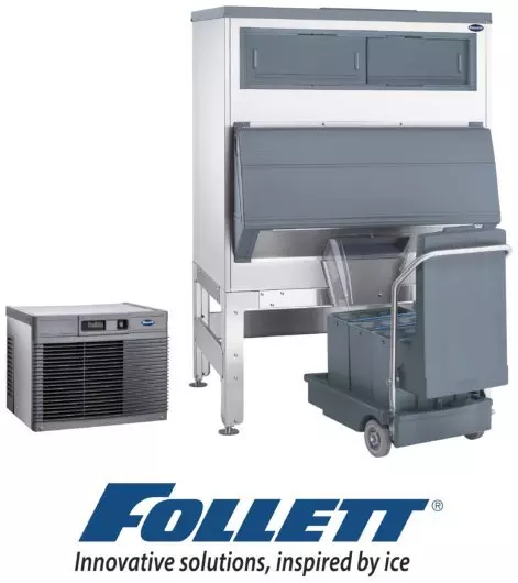 Follett ice storage and transport system with logo and slogan below.