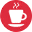 White coffee cup icon on red circle background.
