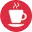 White coffee cup icon on red circle background.