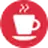 White coffee cup icon on red circle background.