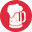 White frothy beer mug icon on a red circular background.