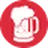 White frothy beer mug icon on a red circular background.