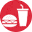 Icon of a burger and drink cup with straw on a red circle background.