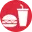 Icon of a burger and drink cup with straw on a red circle background.