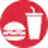 Icon of a burger and drink cup with straw on a red circle background.