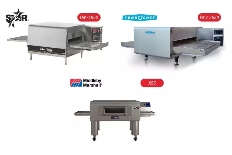 Three conveyor ovens from Star, TurboChef, and Middleby Marshall brands.