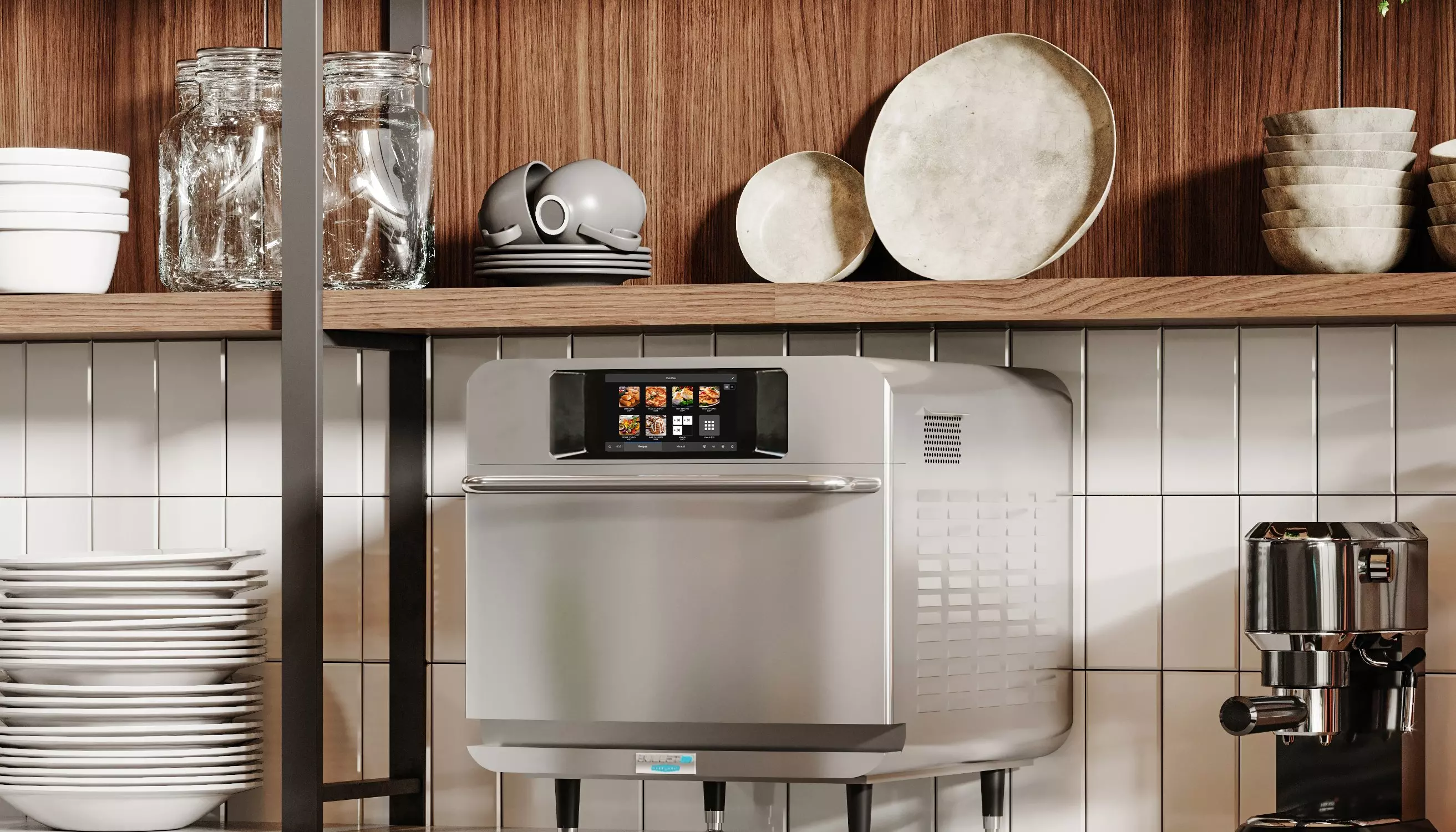 Countertop oven with touchscreen display on kitchen counter beside an espresso machine.