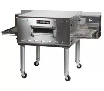 Commercial conveyor oven with stainless steel finish on wheeled legs.