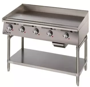Stainless steel commercial griddle with five control knobs and a lower shelf.