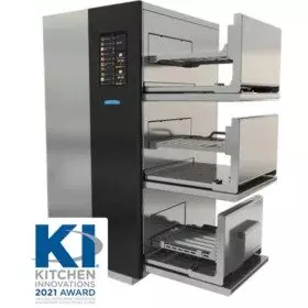Stainless steel kitchen appliance with three open compartments, KI 2021 Award logo displayed.
