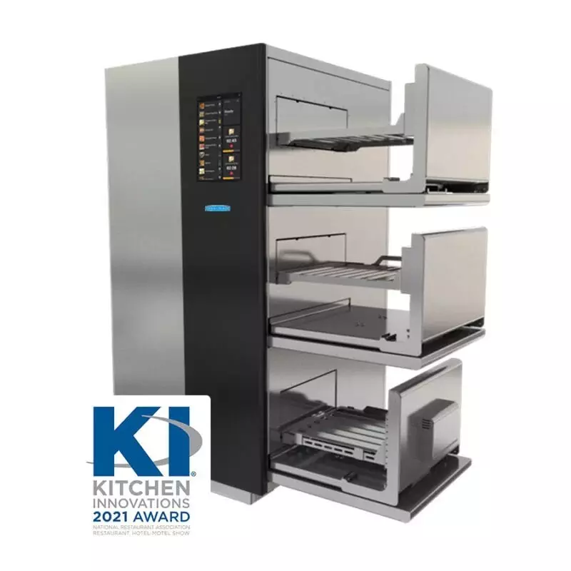 Three-compartment warming unit with digital controls. Award logo visible in corner.