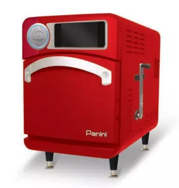 Red Perini oven with silver handle and control knob, digital display.