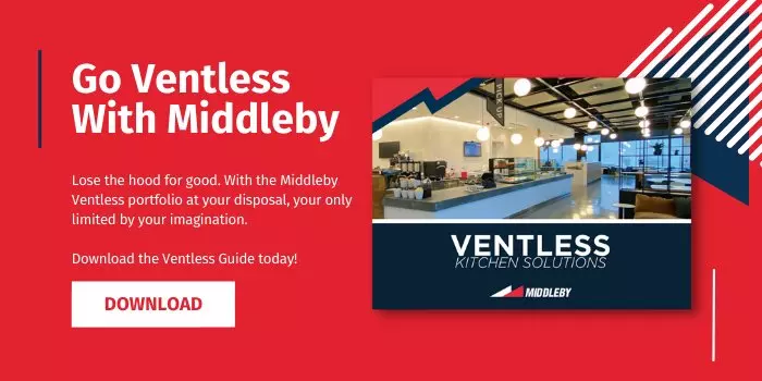 Middleby ad promoting ventless kitchen solutions with a download button for a guide.